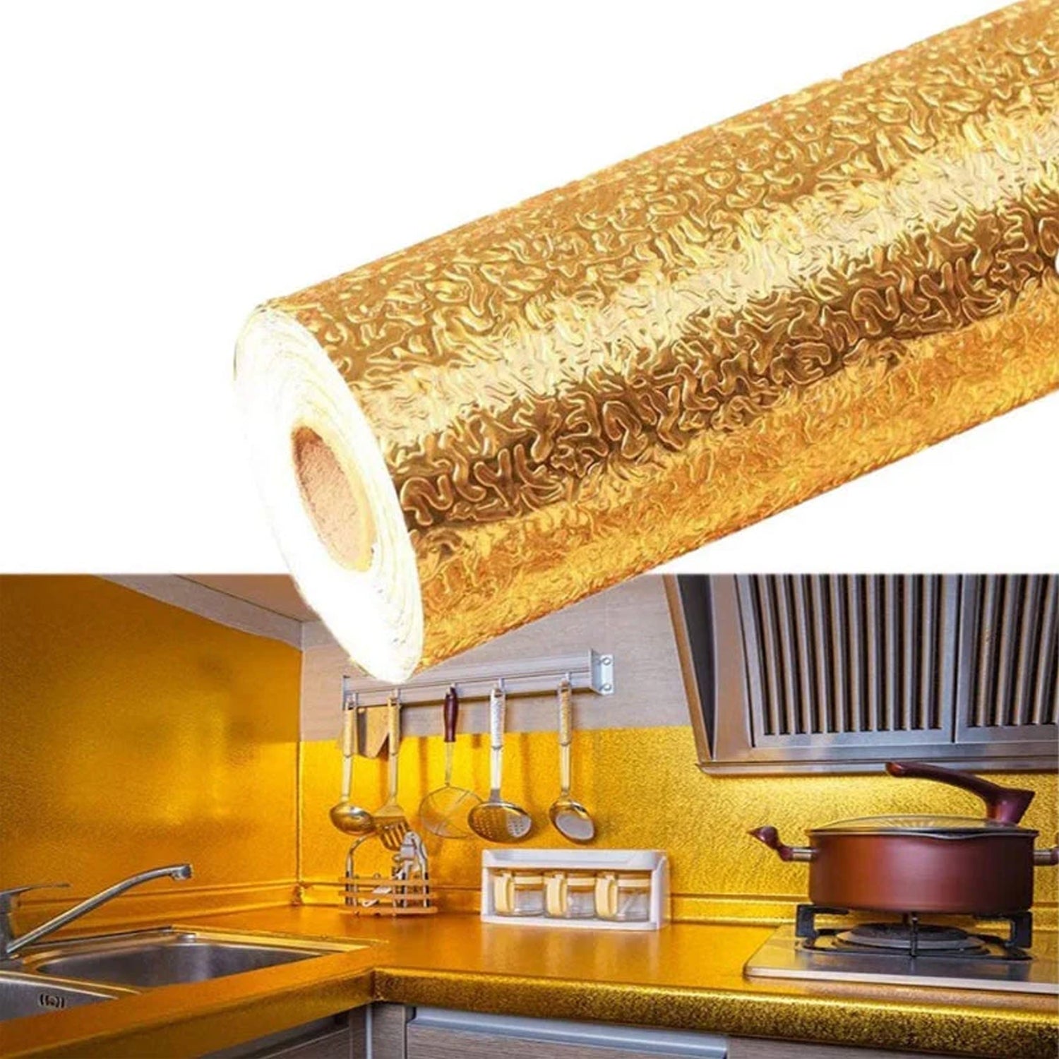Oil Proof Sticker, Waterproof Self Adhesive Aluminum Foil Wallpaper (60 cm×200 Cm / Golden / 1 Pc) Oil Proof Sticker, Waterproof Self Adhesive Aluminum Foil Wallpaper (60 cm×200 Cm / Golden / 1 Pc)
